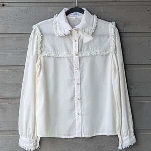 NWT Shop Kultivate Ivory Blouse with Tweed Fringe Size Large Pearl Buttons Large